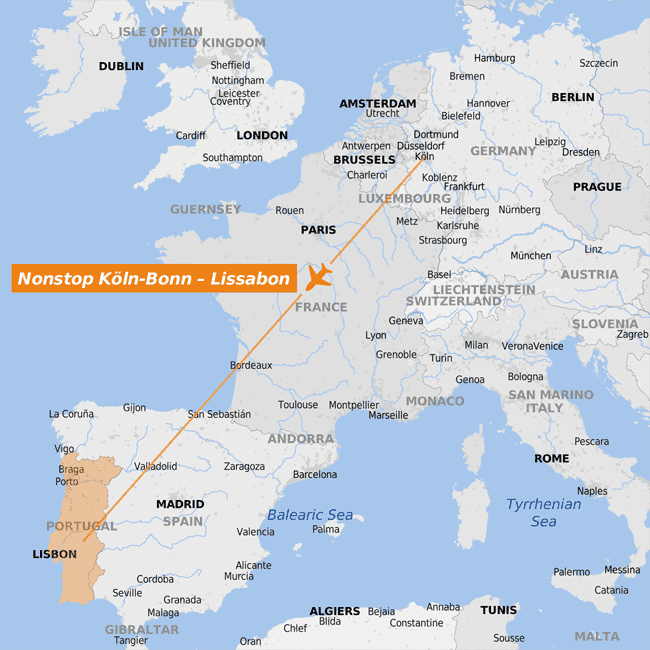 Flugreisekarte Deutschland-Portugal